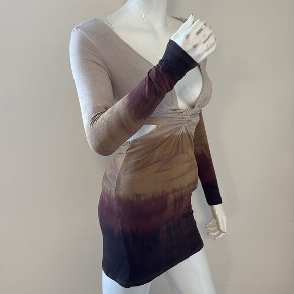 Planet Blue Multicolor Brown Ombre Tie-Dye Long Sleeve Mini Dress w Side Cutouts - Picture 8 of 8